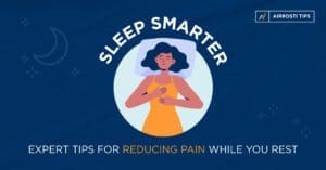 Sleep Smarter Reduce Pain | A dark blue digital illustration showing a woman laying down and sleeping with the text "Sleep Smarter: Expert Tips for Reducing Pain While You Rest" around the woman and is a part of the "Airrosti Tips" Series