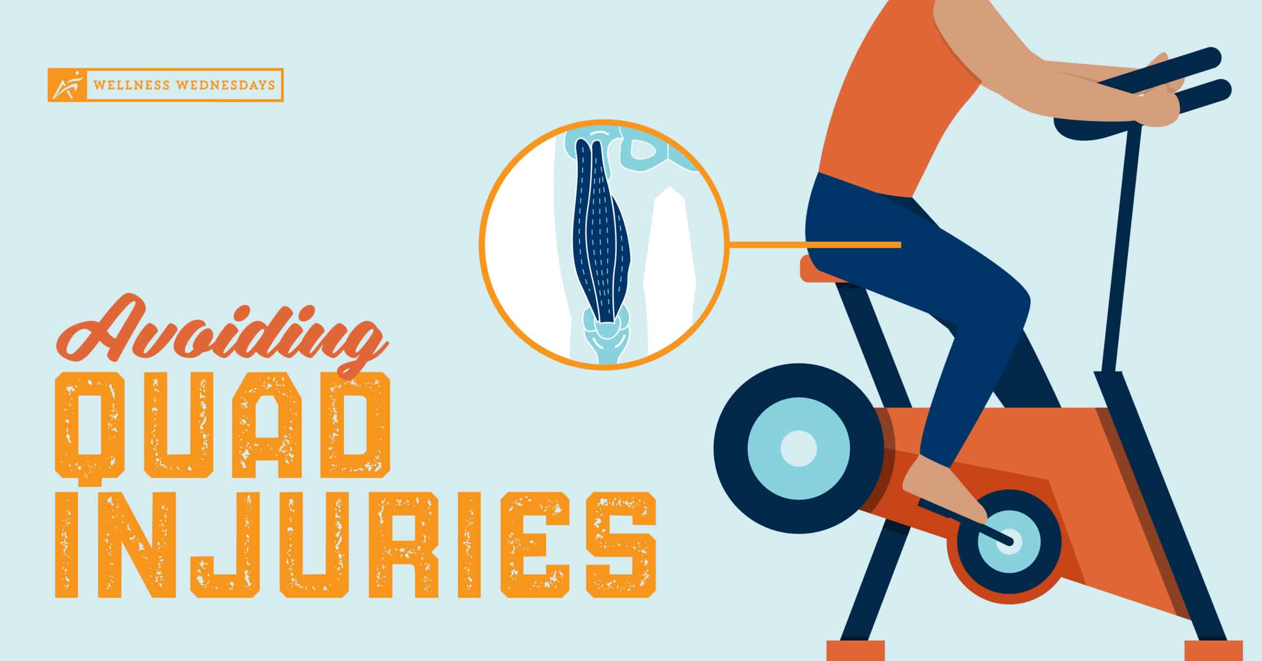 Avoiding Quad Injuries | A multi-color digital Illustration of a person on a exercise bike with a muscle icon showing a close up look of the quad muscle in the leg with the title "Avoiding Quad Injuries" on the left made for Airrosti's Wellness Wednesday Series